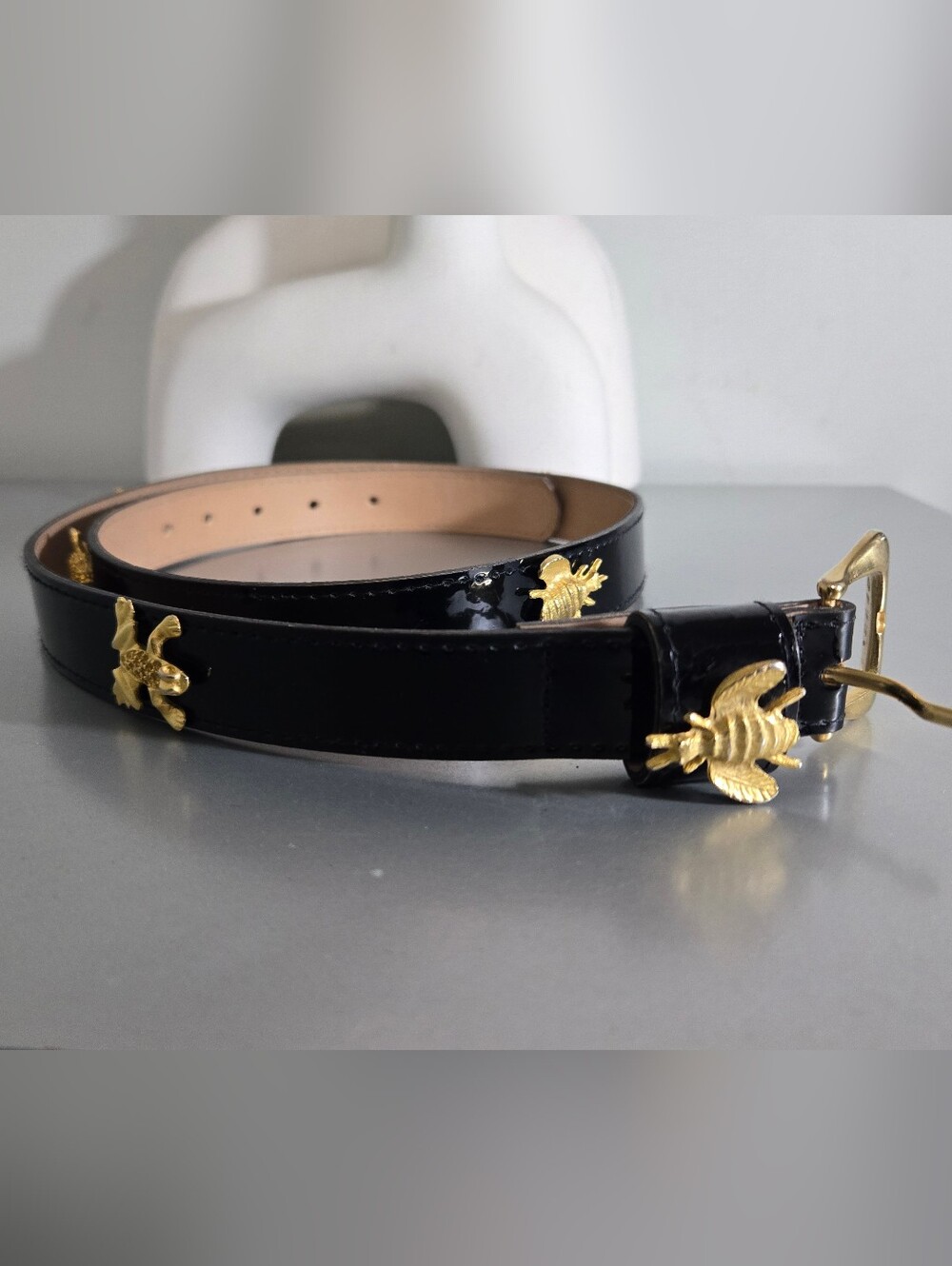 ​A. BROD Vintage Black Patent Leather Bee Frog Charm Belt 1X Made in USA Italy B